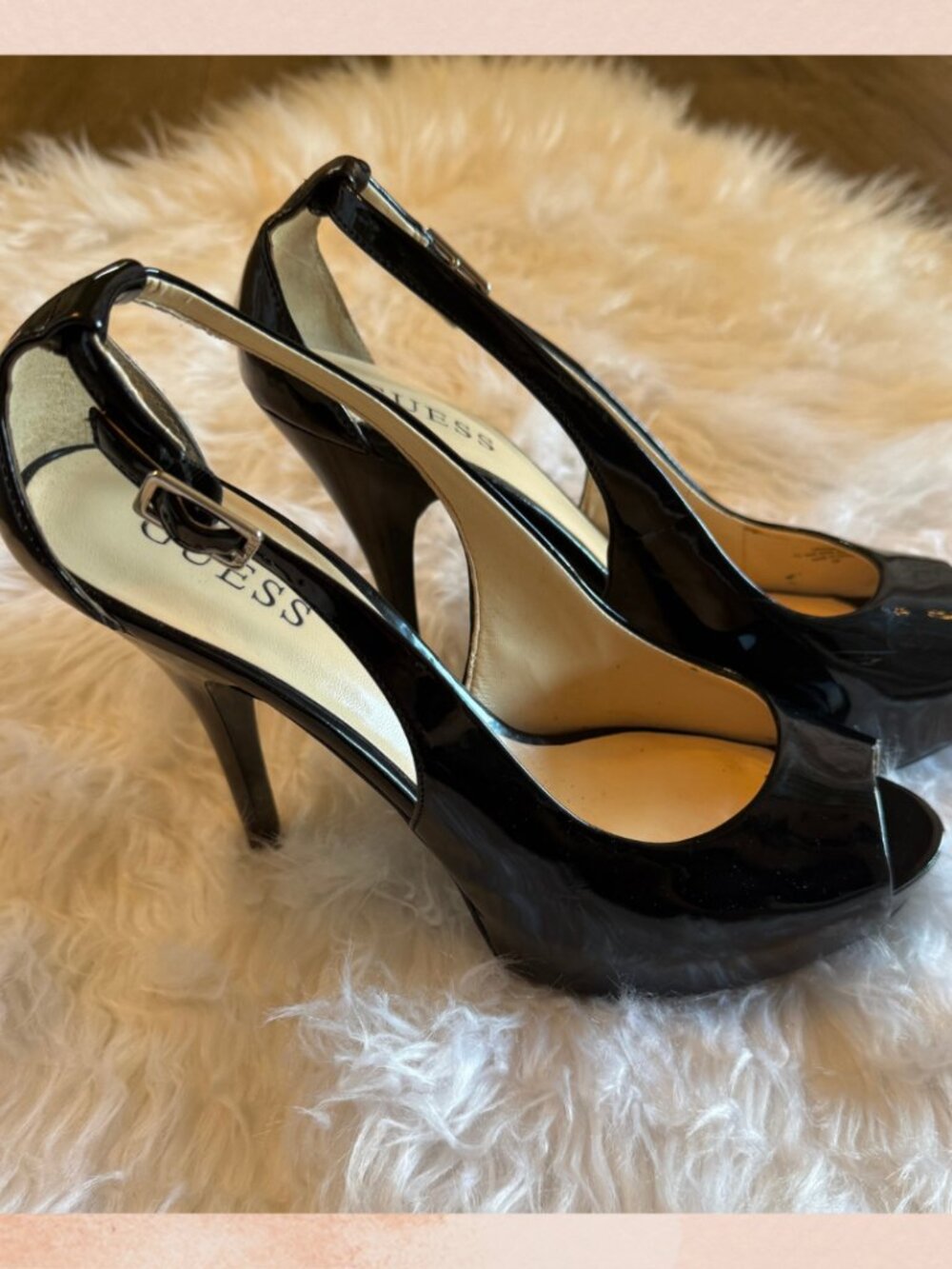 Guess Black Patent Leather Peep Toe Stiletto Platform Heels